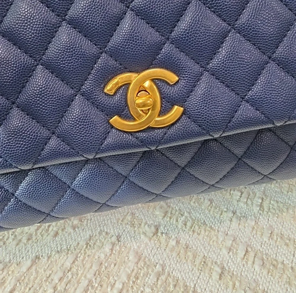 CHANEL Coco Navy Quilted Leather Top Handle Satchel with Burgundy Lizard Handle